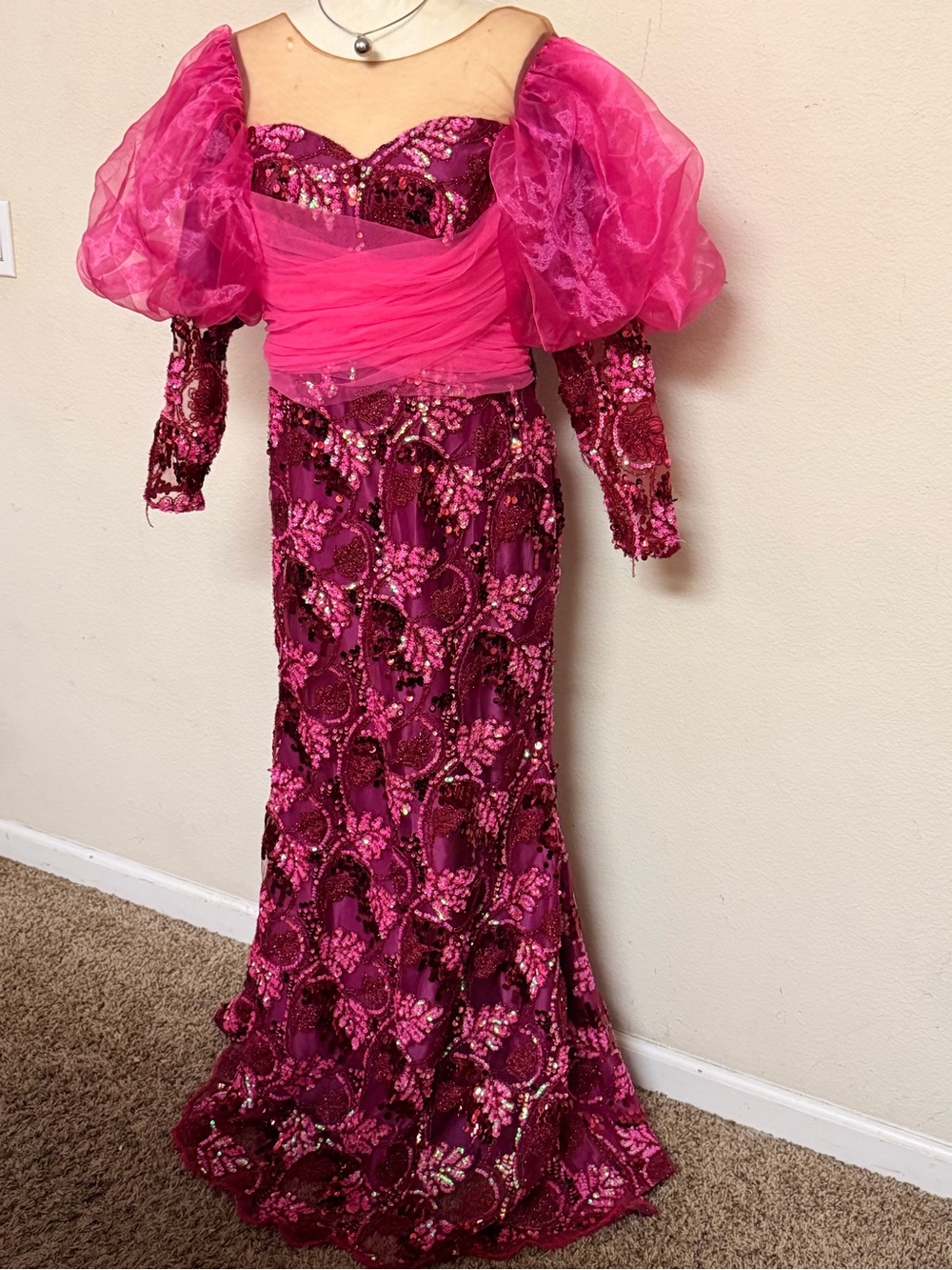 Fuchsia Sequined Tulle Puff-Sleeve Prom Dress